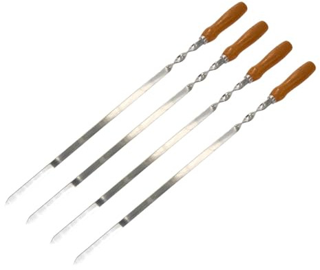 4 x extra långa robusta grillspett i rostfritt stål med trähandtag – 70 cm lång – 1,5 cm bred – 2 mm tjocka metallspett köttspett