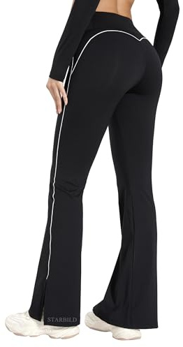 STARBILD Schlaghose Damen Sport Blickdicht Leggings Flared, High Waist Yogahose Hosensaum mit Schlitz für Fitness Gym Alltag, Mit Schlitz - Schwarz M