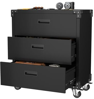 SUPEER Werkzeugschrank mit 3 Schubladen,Werkstattwagen Garagenschrank mit Rädern, Metallschrank ideal für Werkzeuge und Zubehör