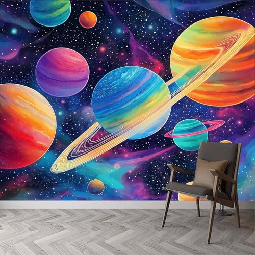 Fototapeten Aquarell Weltraum Universum Planeten Wandtapete B200 x H140 cm, Weltraumplaneten Vliestapete Wandbilder Tapete 3D Effekt für Schlafzimmer Kinderzimmer Wanddekoration Kindertapete