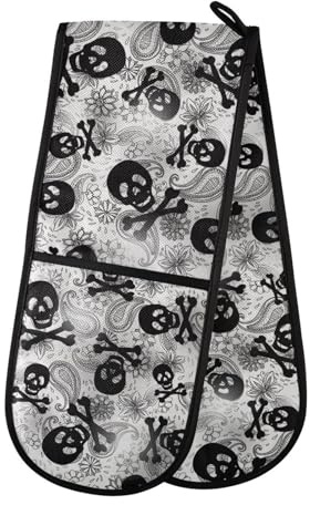 Oven Gloves Double Oven Gloves Skull Black Gothic Oven Mitts Pot Holder Heat Resistant Quilted for BBQ Baking Kitchen Cooking Gloves
