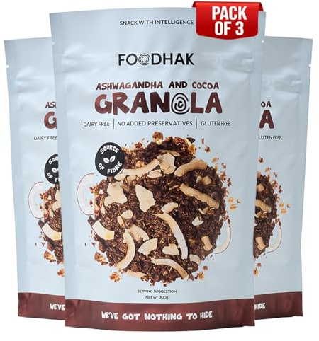 FOODHAK Ashwagandha and Cocoa Gluten Free Granola Breakfast Cereal (Pack of 3) 300g – Made in the UK with Cocoa Butter, Maple Syrup, Fibre Rich Granola cereal & Sea Salt – Beneficial for Digestion