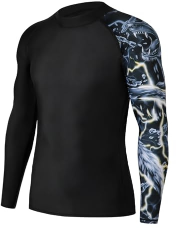 SLIMBELLE Rashguard - Maglia a compressione da uomo, a maniche lunghe, UPF 50+, protezione UV, ad asciugatura rapida, traspirante, surf, pesca, escursionismo, Lupo d'oro, XL