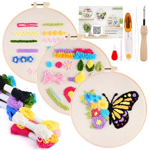 Pllieay 3 Sets Punch Needle Embroidery Kits, All-Inclusive Embroidery Kit for Beginners with Pre-Printed Fabric, Hoop, Yarns & Tools – Good Stitching Kit & Embroidery Starter Kit