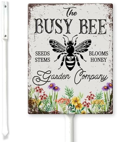 Horienteeon Busy Bee Garden Blooms Honey Yard Schild mit Heringen, 11,5 x 15 cm, stabiles Aluminiumschild, rostfrei, Bienen-Warnschild, lustiges Bienenschild, Dekoration für Zuhause, Garten, Hof