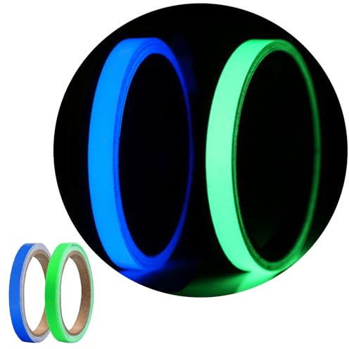 2 Rotolo Nastro segnaletico,nastro Fluorescente,1cm×5m Luminoso Nastro Adesivo,Nastro Riflettente,per Cartello di Uscita,Scale,Corridoi(blu +Verde)