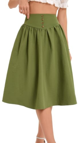 Bbonlinedress Jupe Mi Longue Femme Eté Décontractée Jupe Evasée Fluide Taille Haute Vintage pour Cocktail Soirée Casual Plage Vancances Army Green L