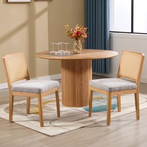 chairus 2 pcs Esszimmerstuhl aus Holz, Rattan-Rückenlehne, Grau/Chenille | Retro Küchenstühle 2er Set, mit weichem Chenille-Polster und Handgeflochter Rattan-Lehne, stabiler Holzstuhl in Landhausstil