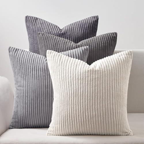 4er Set Kissen-Bezug mit Füllung Creme, Modell Mary, Luxus Kordsamt Sofakissen gestreift Couchkissen Dekokissen Zierkissen Kopfkissen, mit verstecktem Reisverschluss, weich & angenehm