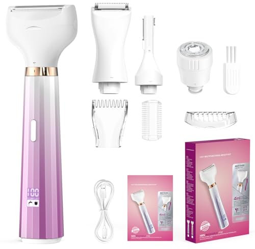 PKBD 4 in 1 Lady Shavers for Women with LED Battery Display, Facial Hair Remover for Women, Electric Razor for Body, Legs, Pubic Hair, IPX6 Waterproof & Rechargeable, Portable Wet and Dry, Purple