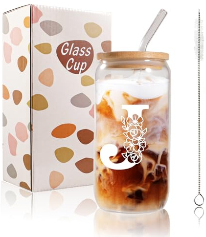 Bliceon A-Z Initial Personalised Birthday Gifts for Women, 500ml Iced Coffee Glass Cups for Mum, Friends and Sisters, Men, Dad, Iced Coffee Cup Gift with Lids and Straws (J)