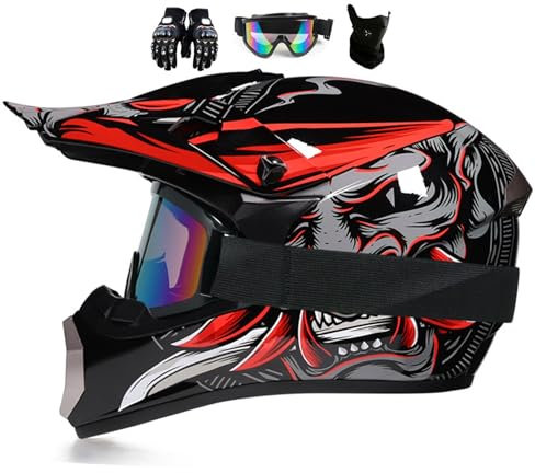 Youth Motocross Offroad Street Dirt Bike Helmet, Kids Motorcycle Mountain Crash Full Face Helmet Four Wheeler BMX MX ATV Helmets, with Gloves Goggles Mask(4Pcs Set)(Red,L(56-57CM))