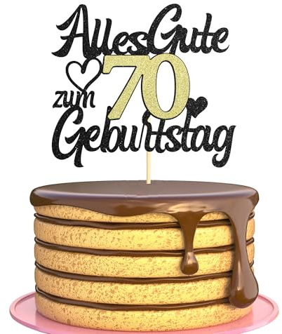 Sumerk Tortenaufsatz zum 70. Geburtstag Schwarz Goldener Glitzer Tortendekoration zum 70. Geburtstag Party Dekoration – 1 Stück