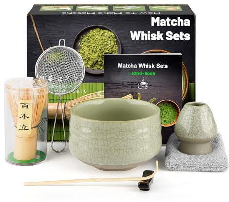 Kit de cérémonie à matcha japonais 7 pièces, batteur à matcha en bambou naturel, bol à matcha, cuillère en bambou, passoire, torchon, support fouet, ensemble complet à matcha