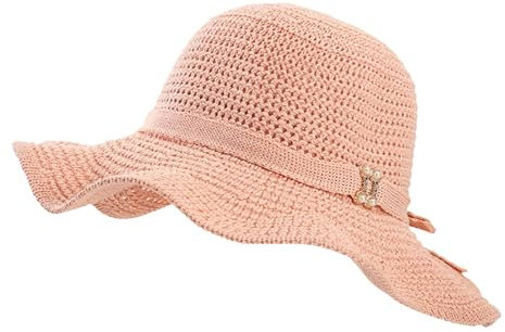 Generisch Strohhut Damen, Strohhut Damen Outdoor Sommerhut Breiter Krempe Sonnenschutz Sommer Faltbar Sonnenhut Elegant Atmungsaktiv Damenhut Urlaub Strandhut Rosa