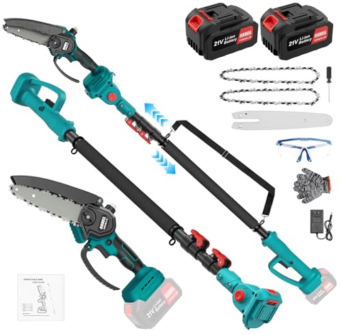 Anbull 2-en-1 Élagueuse sur Perche Électrique, Mini-Tronçonneuse Électrique 6 Pouces, Moteur Brushless, 2 Batteries 4000mAh, Perche Télescopique 4,8 m, Compatible Makita 18V, Pour Jardin et Élagage