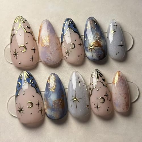 MouyouGlow Press on Nails Kurz,Almond Blau French 3D Gold Mond Sterne Marmor Glitzer Cat Eye Design Mandel Y2k Fake Nails,Sternenhimmel Sommer INS Künstliche Fingernägel