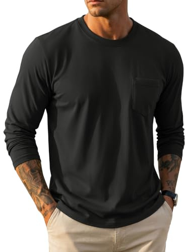 MAGCOMSEN Men's Long Sleeve T-Shirts Cotton Crew Neck Breathable Top | Casual T-Shirt with Pocket, Moisture-Wicking, Lightweight, Plain Colour