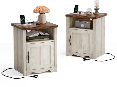 LINSY HOME Nachttisch 2er Set, 48cm Breit Holz Beistelltisch mit Steckdose, Nachtschrank für Schlafzimmer, Wohnzimmer, Couch mit USB Ports und Steckdosen, Nachttisch mit Stauraum, 48x40x60cm, Beige
