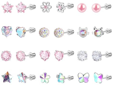 DAILI 12Pairs Kids Earrings for Girls,Flat Back Earrings for Women Baby,Hypoallergenic Surgical Stainless Steel Small Flower Pearl Star Cubic Zirconia Pink Screw Back Earrings Set for Sensitive Ears