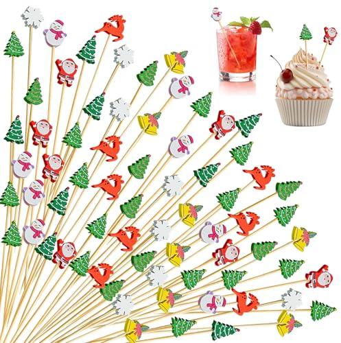 KASESSS 100 Piezas Navidad Palillos para Aperitivos, 12cm Palillos de Cóctel, Navidad Palillos de Cóctel, Palitos de cóctel de Madera para Fruta Aperitivos Fiestas Bebidas Decoración, 8 Estilos