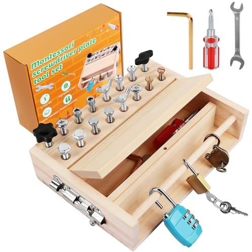 Montessori Spielzeug ab 3 4 5 Jahre Schraubendreher Busy Board Set Montessori Holz Schraubbrett mit Schlüssel Schloss Holzspielzeug Motorikspielzeug Lernspielzeug Kinderspielzeug
