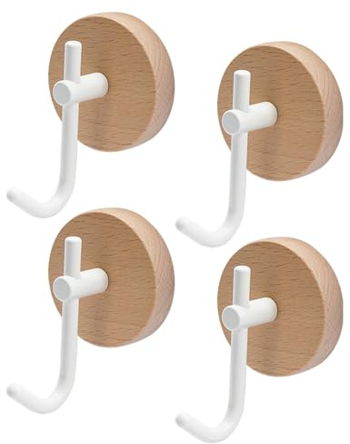 COEWUR 4 Stück Handtuchhaken ohne Bohren Selbstklebende Haken Holz | Wandhaken Bad Holz Haken Selbstklebend zum Kleben Kleiderhaken aus Buchenholz, Klebehaken Holz für Bad, Küche, Flur