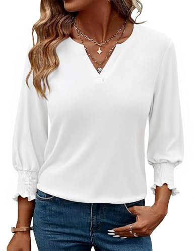Gyabnw Women's V Neck Blouse 3/4 Sleeve Pleated Design Office Casual Wear | Pleated front detail, V neck, comfortable three quarter sleeves, for work and everyday wear, versatile everyday styling