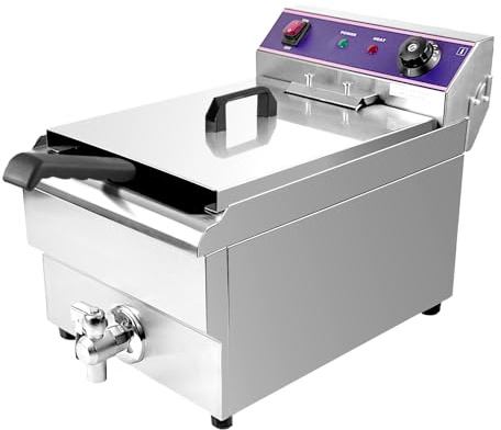 MOOTACO Friteuse électrique,16LCommerciale friteuse avec valve de vidange acier inoxydable,Professionnelle Inox Friteuse Avec Régulateur de Température,3000 W, 60-200 °C