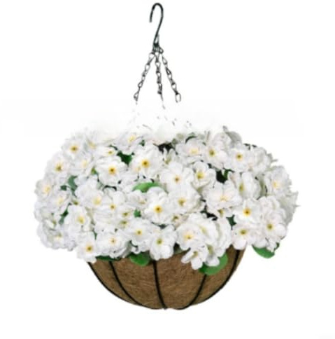 GANCEI Künstliche Blumen Geranie Hängekorb mit realistischen UV-beständigen künstlichen Blumen für Innen- und Außendekoration (weiß)