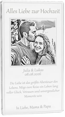 pravur Geldgeschenk Hochzeit Glasgravur– Moderne Hochzeitskarte mit Fotogravur – Personalisierte Karte mit Glas-Optik & Foto – Geschenk für Brautpaar – Handgefertigt in Österreich – Klares Acrylglas
