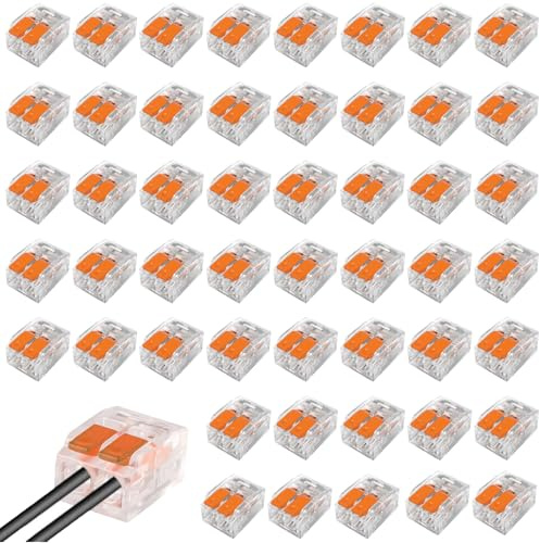 50 Bornes de Connexion 2 Entrée 1 sortie 0,14-4,0 mm² Bornes de Raccordement pour Câble fixe Connecteurs de Câble à 2 Broches Connecteur Electrique Réutilisables Avec levier de Commande