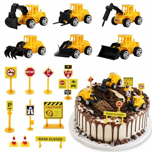 Tortendeko Bagger 16 Stück Baustelle Kuchendeko Set mit Mini Baggern, Cake Topper Verkehrsschildern, Bagger Geburtstagsdeko für Jungen Geburtstag und Party