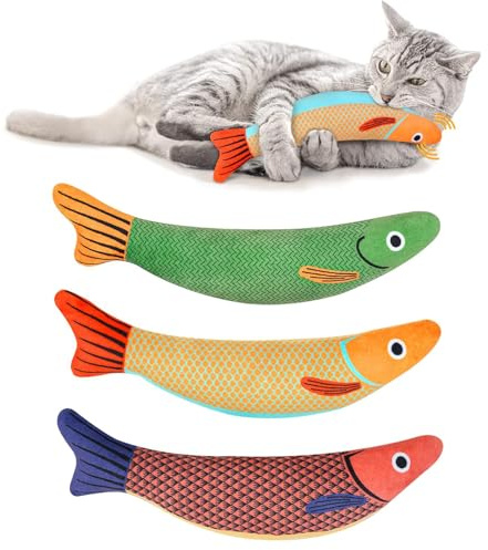 Tupenofif Set di 3 Giochi per Gatti a Forma di Pesce con Erba Gatta, Pellicola Scricchiolante e Campanellino - Cuscino Pesce Robusto per Mordere e Cacciare (23,5 cm) - Giocattolo di Stoffa per Gatti
