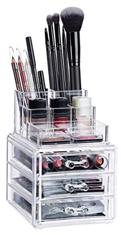 Relaxdays Kosmetik Organizer mit 3 Schubladen, Make Up Organizer für Lippenstift, Nagellack, Kosmetikregal, transparent