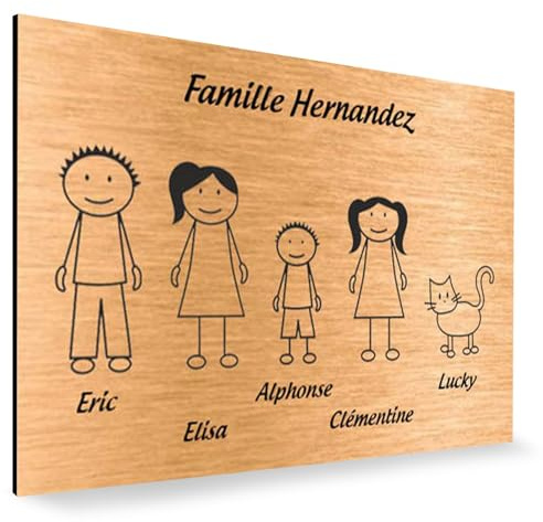Plaque de maison Family personnalisée avec 5 membres pour boite aux lettres - Format 12x8 cm - Plaque Cuivre - Lettres noires