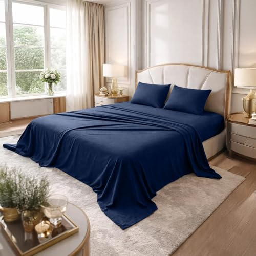 DAN RIVER California King Sheet Set Soft 100% Cotton T-Shirt Sheets Deep Pocket Jersey Knit Bed Sheets, 4-Piece Bedding Set for All-Season Comfort Navy
