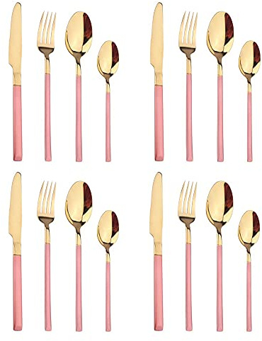 Stainless Steel Cutlery Set of 16 Pieces, 18/8 Stainless Steel table Knife, Fork, Spoon, Tea Spoon, Silver Ware Flatware Set for 4, Mirror Polished, Can Be Placed in The Dishwasher (Pink Gold)