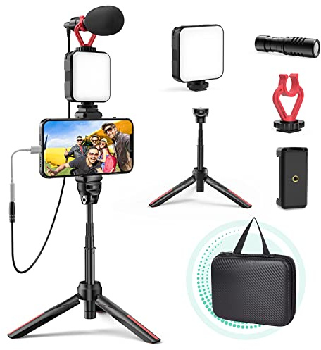 kit TECELKS YouTube Starter for iPhone/Android, Content Creator Kit for Video Recording Vlogging with LED Light, Phone Holder, Microphone, Tripod, Carry Bag