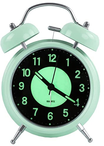 Yanatuse Sveglia luminosa da 4 pollici, doppia campana analogica retrò senza ticchettio in quarzo con allarme sonoro e luce notturna, alloggiamento in metallo (verde)