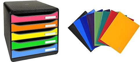Exacompta Set 309798D Premium Ablagebox mit 5 Schubladen für DIN A4+ Dokumente. Schwarz|Bunt 85100E Premium Sichtmappe A4 mit 100 Klarsichthüllen, 200 Sichten, 1 Stück Zufallsfarbe