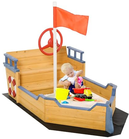 Outsunny Arenero Infantil de Madera Diseño de Galeón con 2 Escalones Banco con Almacenaje Bandera y Timón Cajón de Arena de Jardín para Niños de +3 Años 158x78x45,5 cm Natural