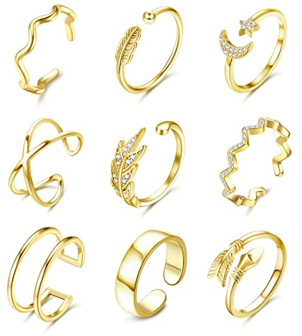 MILACOLATO 9cs Juego de Anillos para Mujer, Juego de Anillos Abiertos Ajustables, Set Anillo de Nudillo Ajustable con Cola de Apilable para Dedo para Mujeres y Niñas, Joyería de Oro