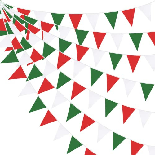 32Ft Wimpelkette Rot Grün Weiß Banner Party Dekorationen Weihnachten Dreieck Flagge Stoff Wimpel Girlande Luftschlangen für Weihnachten Frohes Neues Jahr Festivals Urlaub Garten…