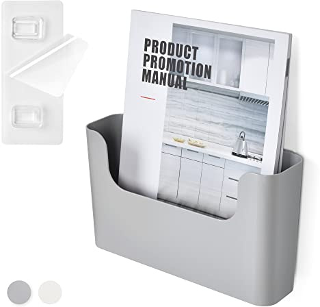 YOHOM Zeitungshalter Wand Zeitschriftenhalter Prospekthalter Wand Briefhalter Wandprospekthalter A4 mit 2 Montagearten (Kleben/Bohren) Ablagefächer Wand für Dokumente, Magazine, Bücher Grau 1 Stück