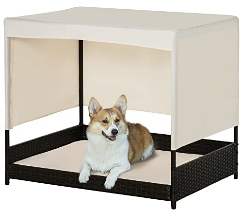 PawHut Rattan Hundehaus mit Kissen Hundebett mit Dach Haustierbett Hundehütte Hundeliege Hundesofa mit Kissen Stahlrahmen Kaffee+Beige 91 x 71 x 81 cm