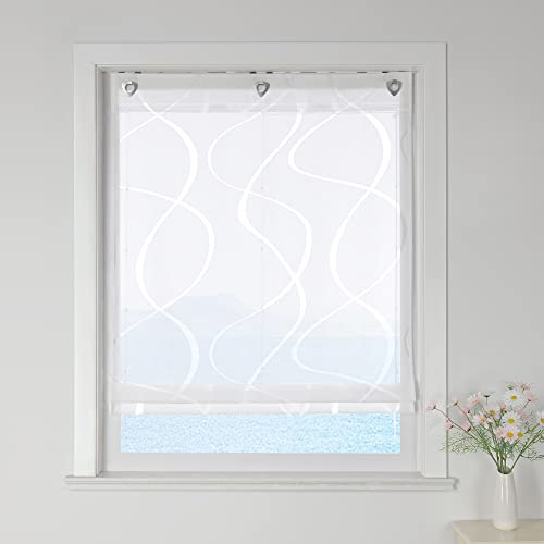 ESLIR Raffrollo ohne Bohren Raffgardine Ausbrenner Ösenrollo Wohnzimmer Gardinen Küche mit Ösen Transparent Modern mit Wellen Muster Weiß BxH 140x140cm 1 Stück