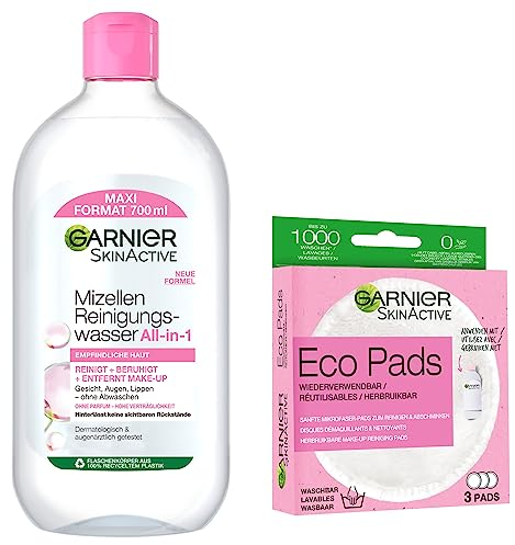 Garnier Gesichtsreinigungsset mit Mizellenwasser und wiederverwendbaren Eco Pads, Für eine sanfte Reinigung und schonendes Abschminken, SkinActive, All-in-1, 2-teilig