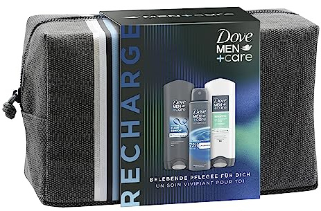 Dove Geschenkset Recharge mit Clean Comfort + Sensitive Pflegedusche, Anti-Transpirant Deospray und einer Kulturtasche (2 x 250 ml + 150 ml)