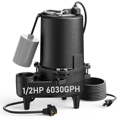 Aquastrong Cast Iron Sewage Pump 1/2HP Effluent Pump 115V 6030 GPH Sump Pump with Auto Float Switch, Ideal for Basement Sump Pits, Industrial Wastewater - Commercial-Grade Sewage System